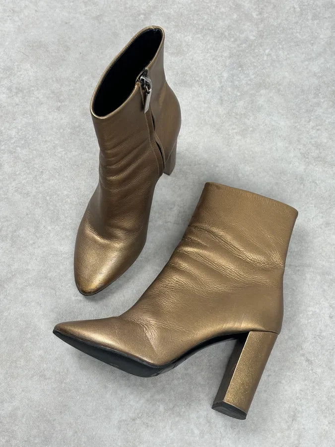 Saint Laurent Gold Leather Ruched Block Heel Bootie IwHWqzz 8