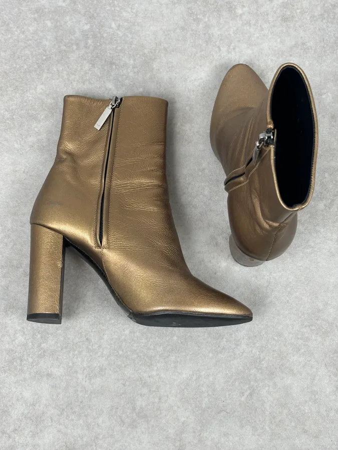 Saint Laurent Gold Leather Ruched Block Heel Bootie IwHWqzz 5