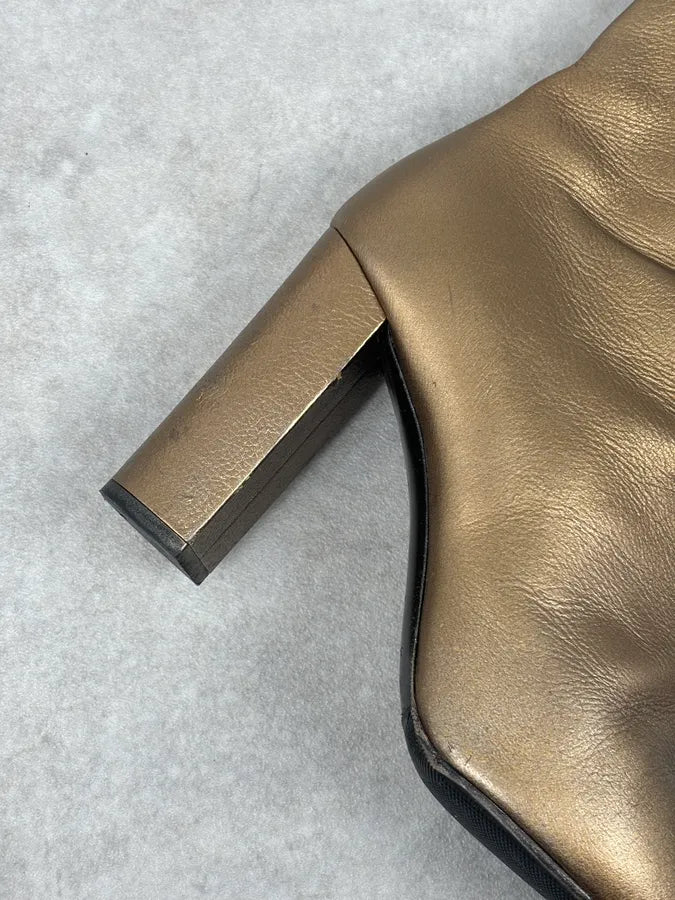 Saint Laurent Gold Leather Ruched Block Heel Bootie IwHWqzz 11