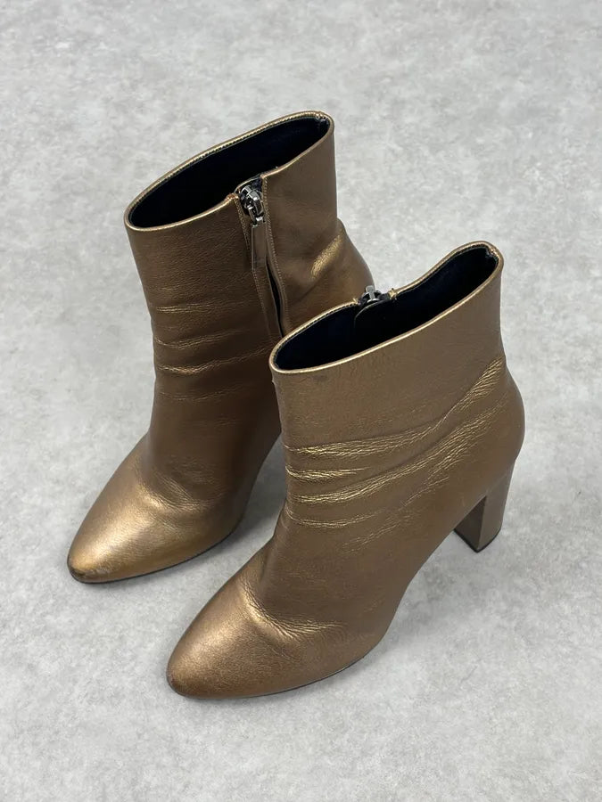 Saint Laurent Gold Leather Ruched Block Heel Bootie IwHWqzz 3