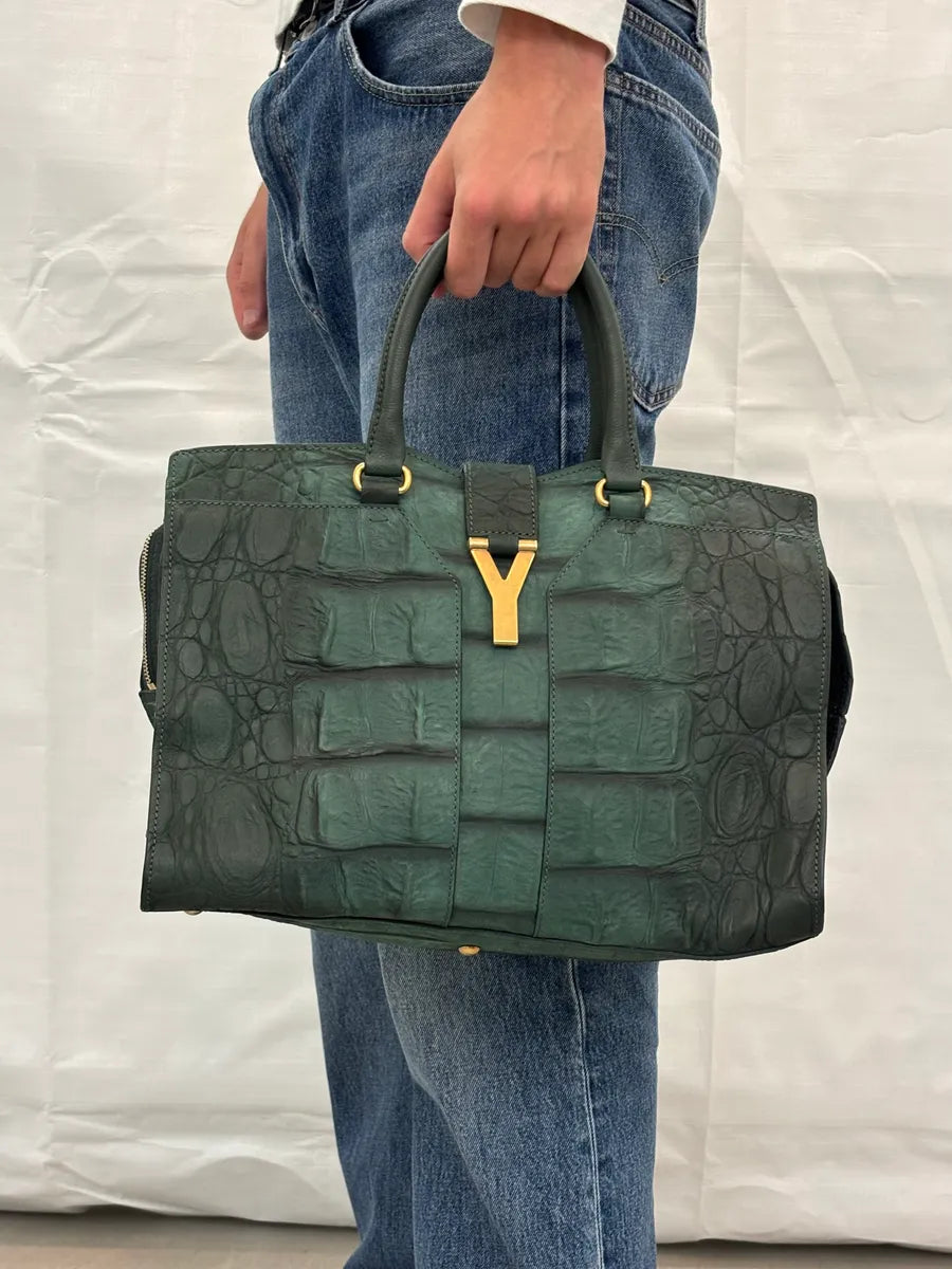 AW2011 Yves Saint Laurent Green Leather Crocodile Effect Shoulder Bag tJWrQqr 1
