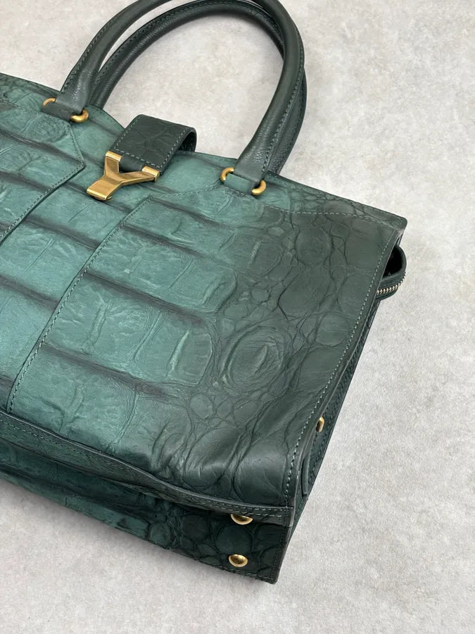 AW2011 Yves Saint Laurent Green Leather Crocodile Effect Shoulder Bag tJWrQqr 6