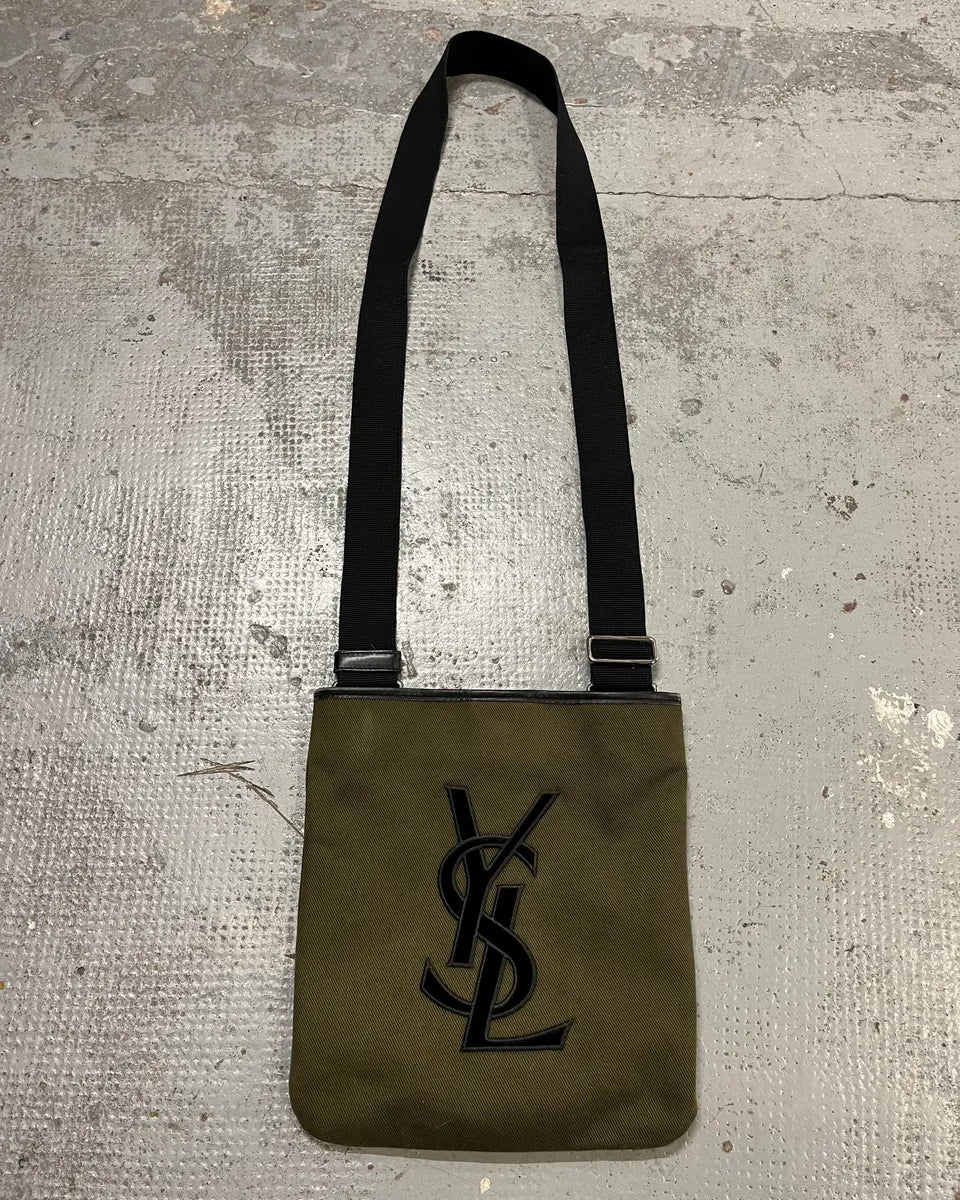 Saint Laurent Khaki Canvas YSL Logo Messenger Bag MWAHhjz 0