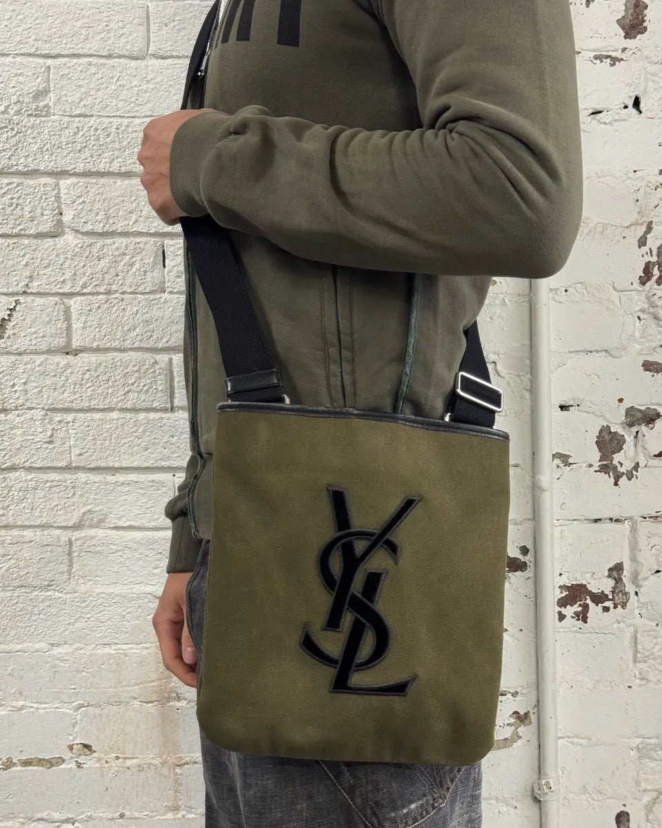 Saint Laurent Khaki Canvas YSL Logo Messenger Bag MWAHhjz 1