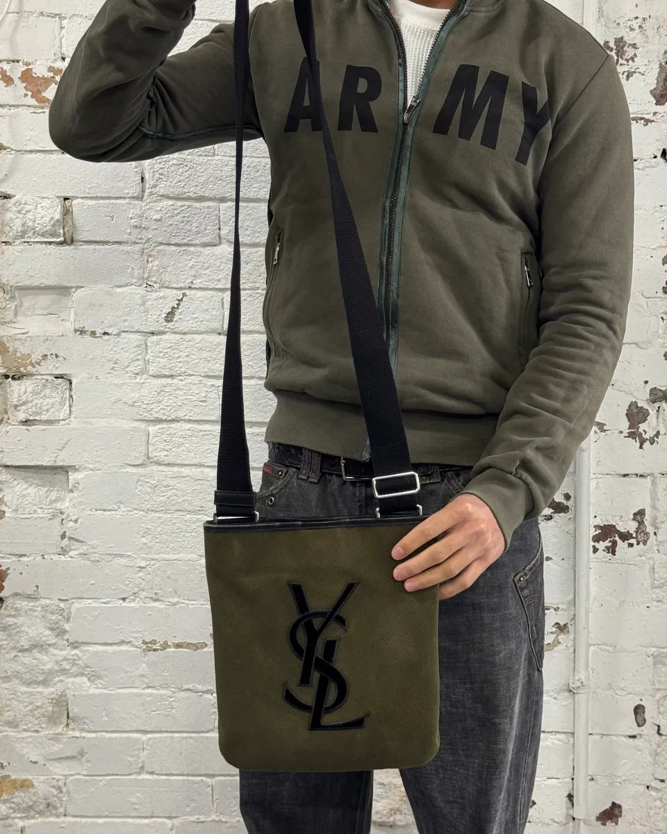 Saint Laurent Khaki Canvas YSL Logo Messenger Bag MWAHhjz 2