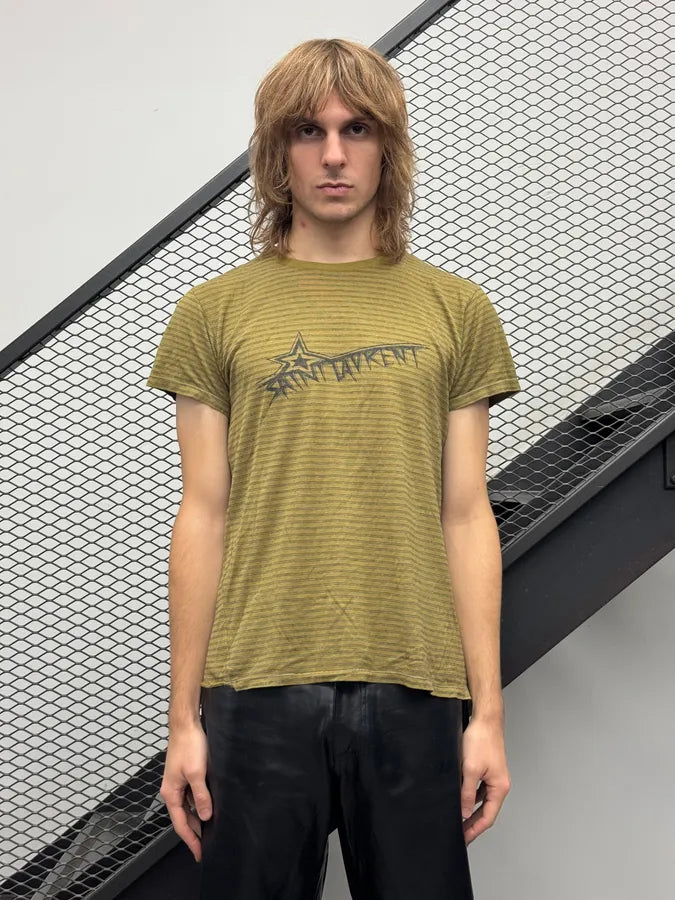 SS2019 Saint Laurent Khaki Striped Star Propaganda T-Shirt JjafeJv 0
