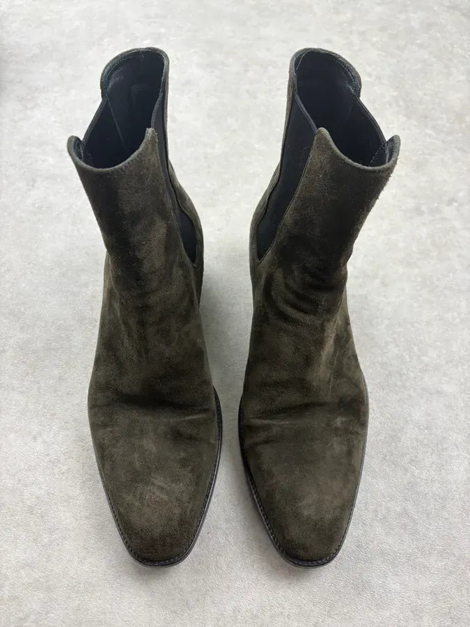 Saint Laurent Khaki Suede Chelsea Leather Boots jTqnxjV 1