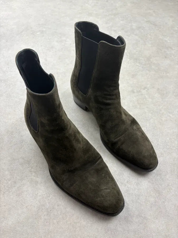 Saint Laurent Khaki Suede Chelsea Leather Boots jTqnxjV 3