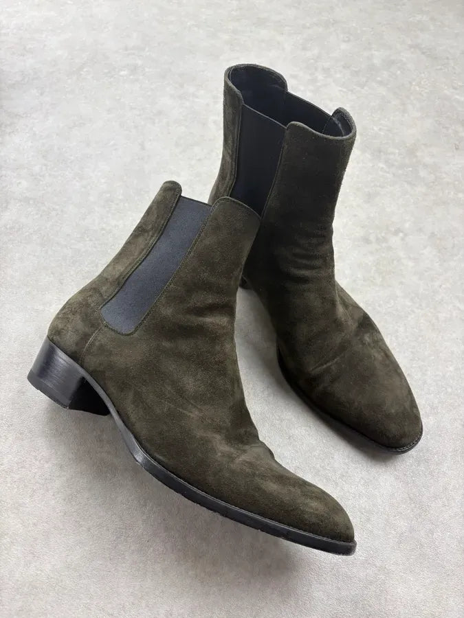 Saint Laurent Khaki Suede Chelsea Leather Boots jTqnxjV 4