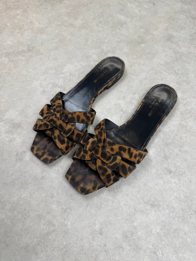 Saint Laurent Leopard Suede Leather Sandals kByCOlX 3