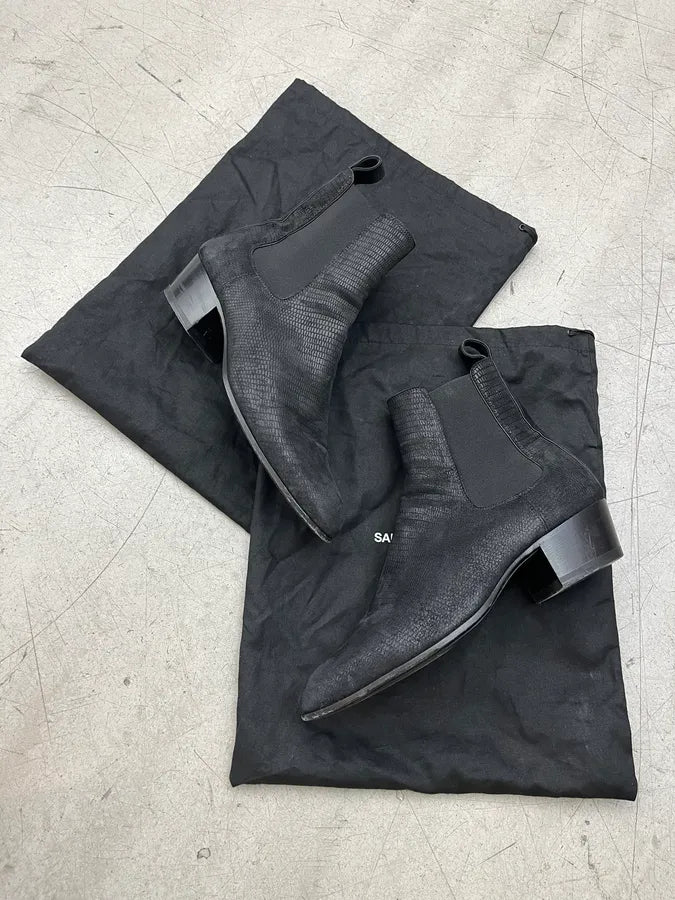 Saint Laurent Lizard Embossed Black Leather Chelsea Boots DsQtSGH 1
