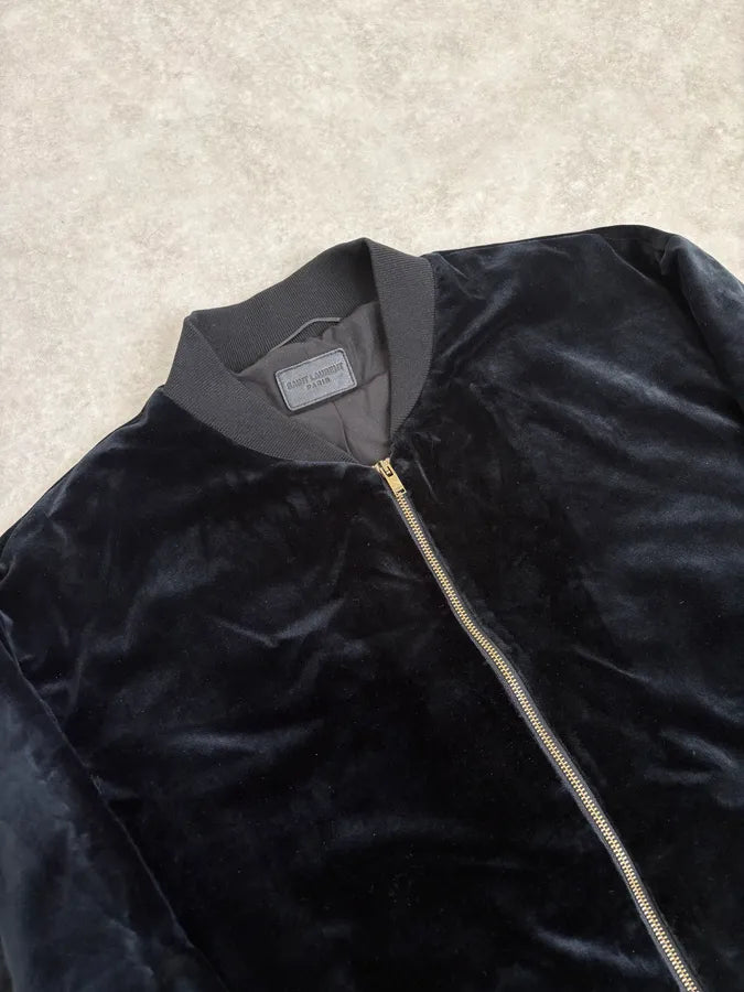 SS2016 Saint Laurent Musical Note Black Velvet Bomber Jacket ArwyXYK 5