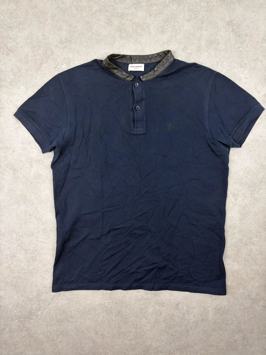 SS2015 Saint Laurent Navy Leather Collar Polo by Hedi Slimane LQFqcnP 0