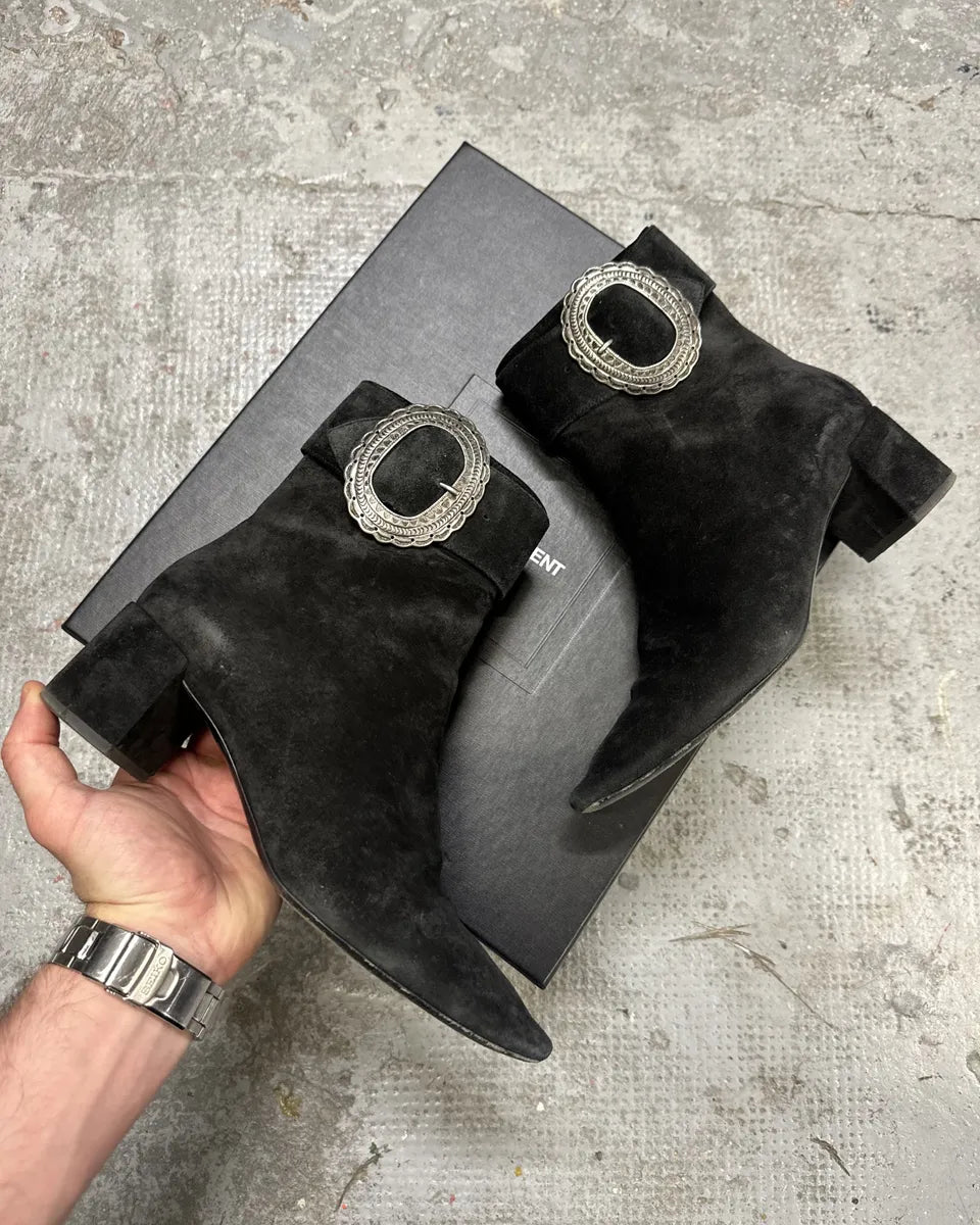 Saint Laurent Navy Suede Ankle Metallic Buckle Boots BBXaCBA 0