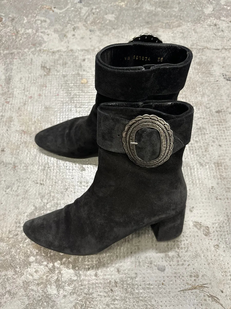 Saint Laurent Navy Suede Ankle Metallic Buckle Boots BBXaCBA 2
