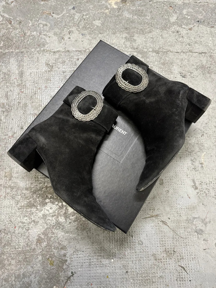 Saint Laurent Navy Suede Ankle Metallic Buckle Boots BBXaCBA 3