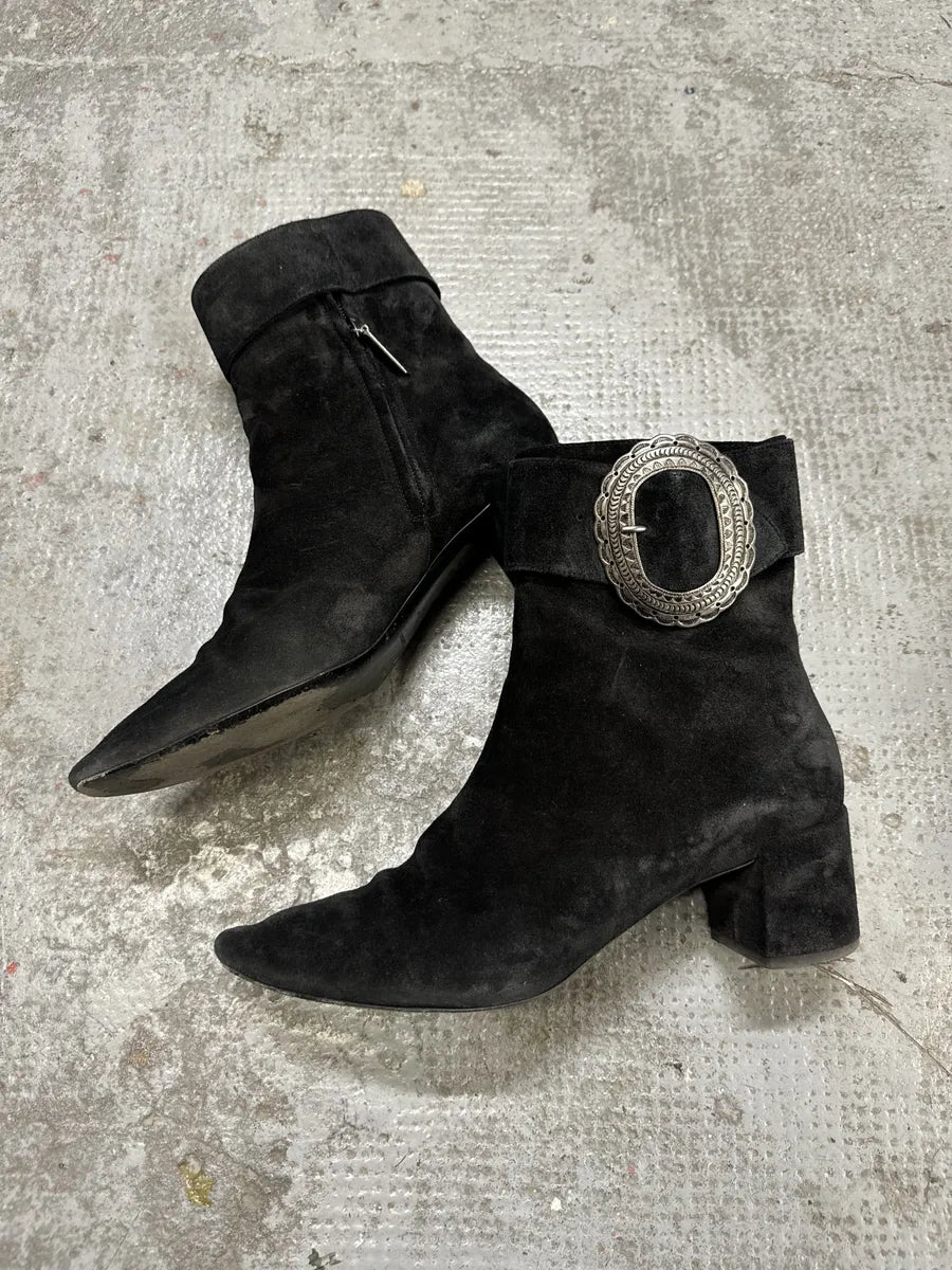 Saint Laurent Navy Suede Ankle Metallic Buckle Boots BBXaCBA 7