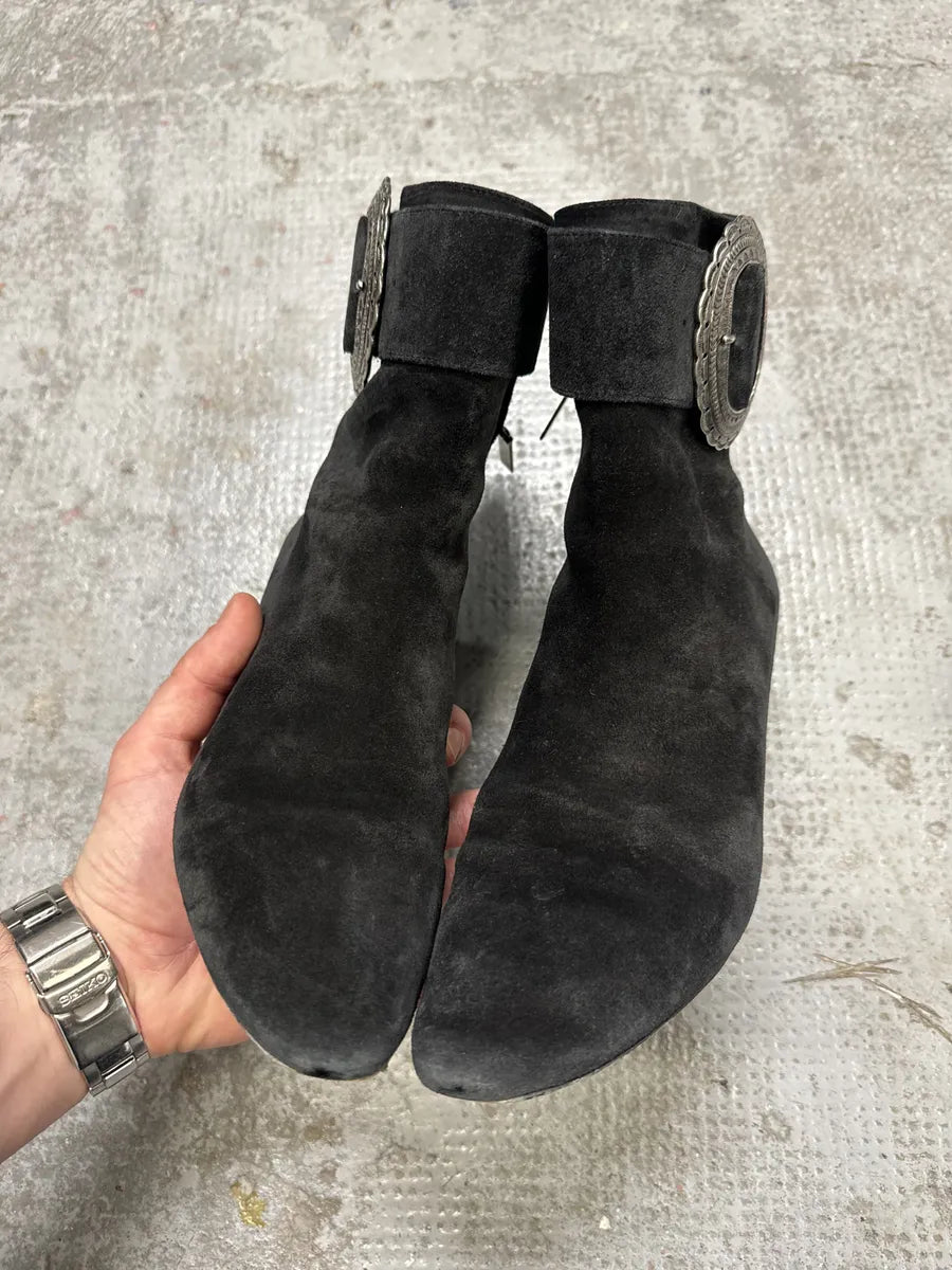 Saint Laurent Navy Suede Ankle Metallic Buckle Boots BBXaCBA 8