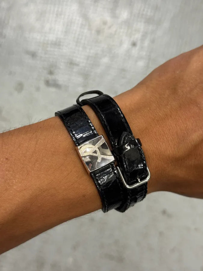 Saint Laurent Sliced YSL Black Leather Bracelet WgZvFEm 0