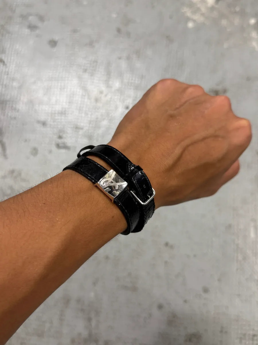 Saint Laurent Sliced YSL Black Leather Bracelet WgZvFEm 1