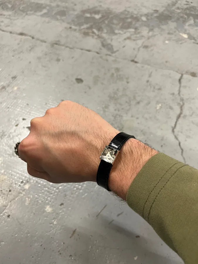 Saint Laurent Sliced YSL Black Leather Bracelet XvVsxWG 0