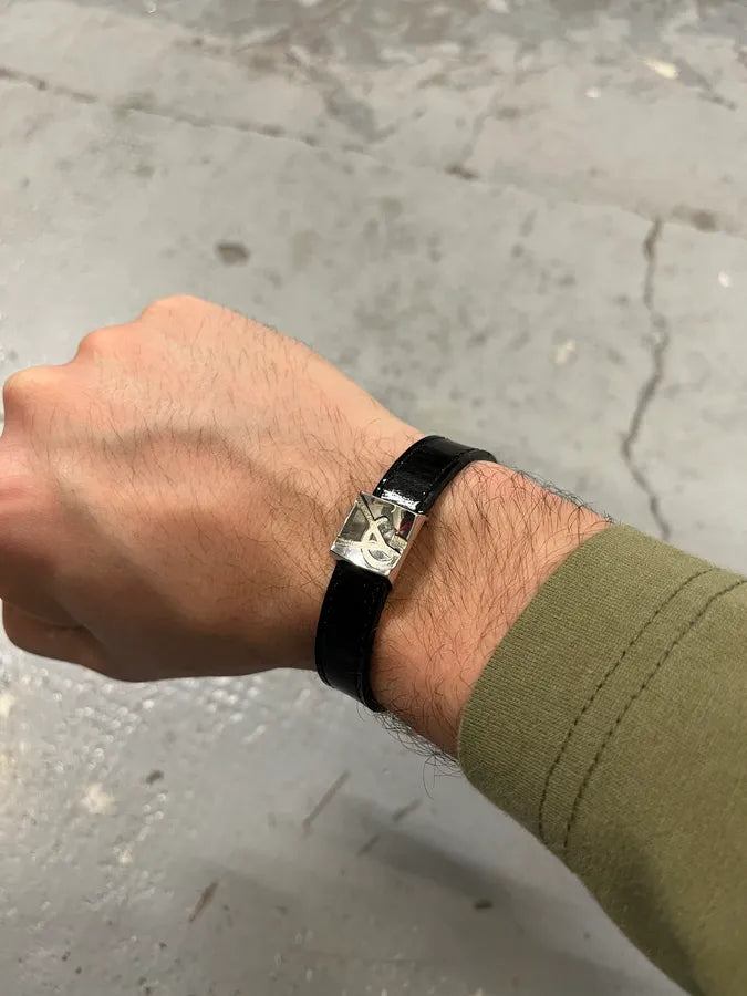 Saint Laurent Sliced YSL Black Leather Bracelet XvVsxWG 1