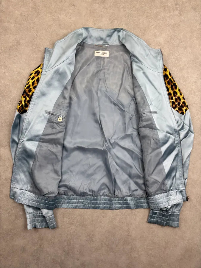 SS2016 Saint Laurent Turquoise Viscose Leopard Jacket JvZIfqQ 8