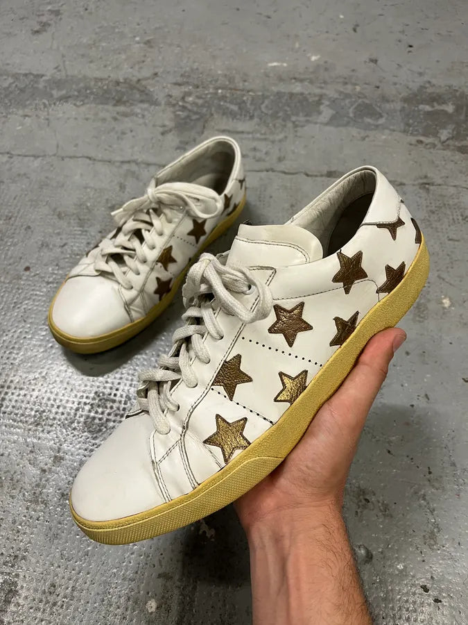 Saint Laurent White & Gold Stars Leather Sneakers hVDLxHm 0