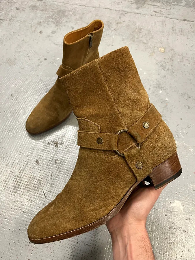 Saint Laurent Wyatt Brown Suede Leather Buckle Boots AQxDhqA 0