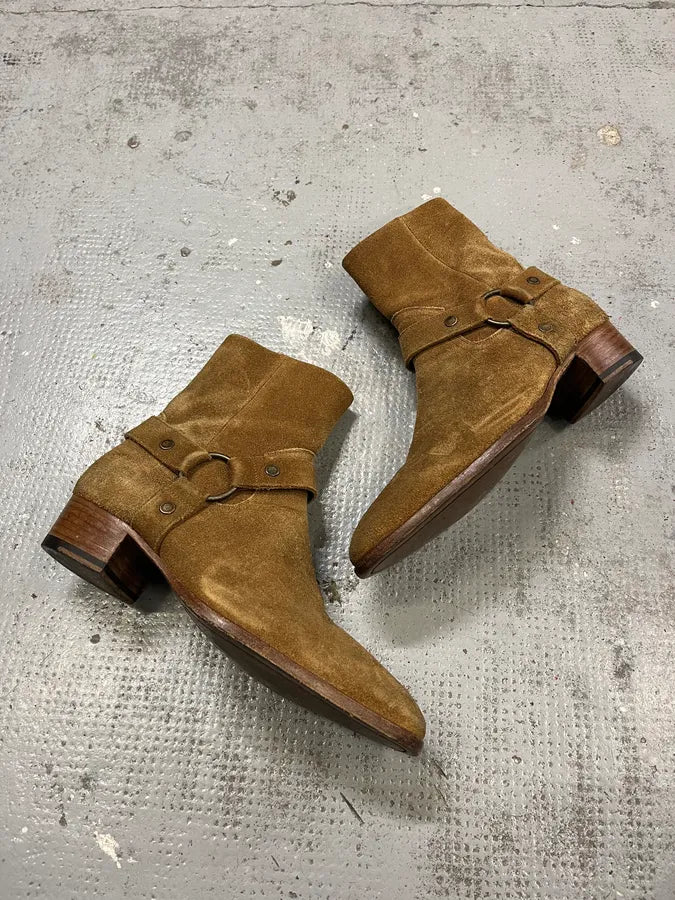 Saint Laurent Wyatt Brown Suede Leather Buckle Boots AQxDhqA 1