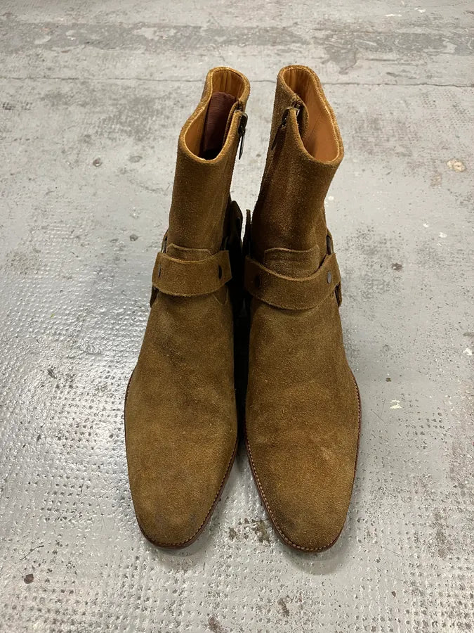 Saint Laurent Wyatt Brown Suede Leather Buckle Boots AQxDhqA 3