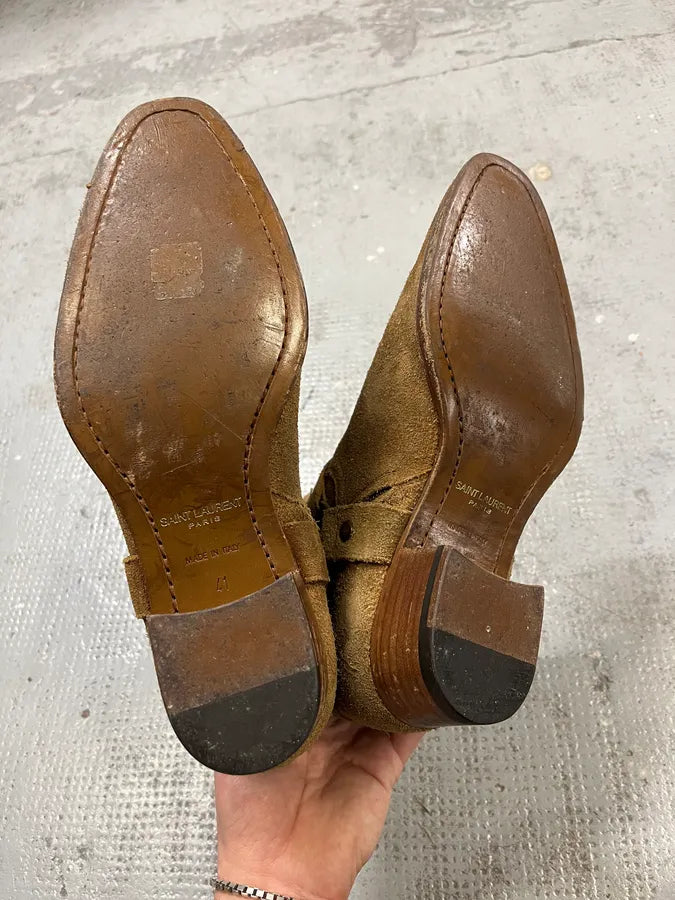 Saint Laurent Wyatt Brown Suede Leather Buckle Boots AQxDhqA 5