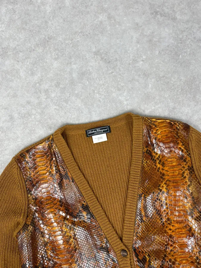 Salvatore Ferragamo Camel Cashmere Python Leather Cardigan Gxenwan 4