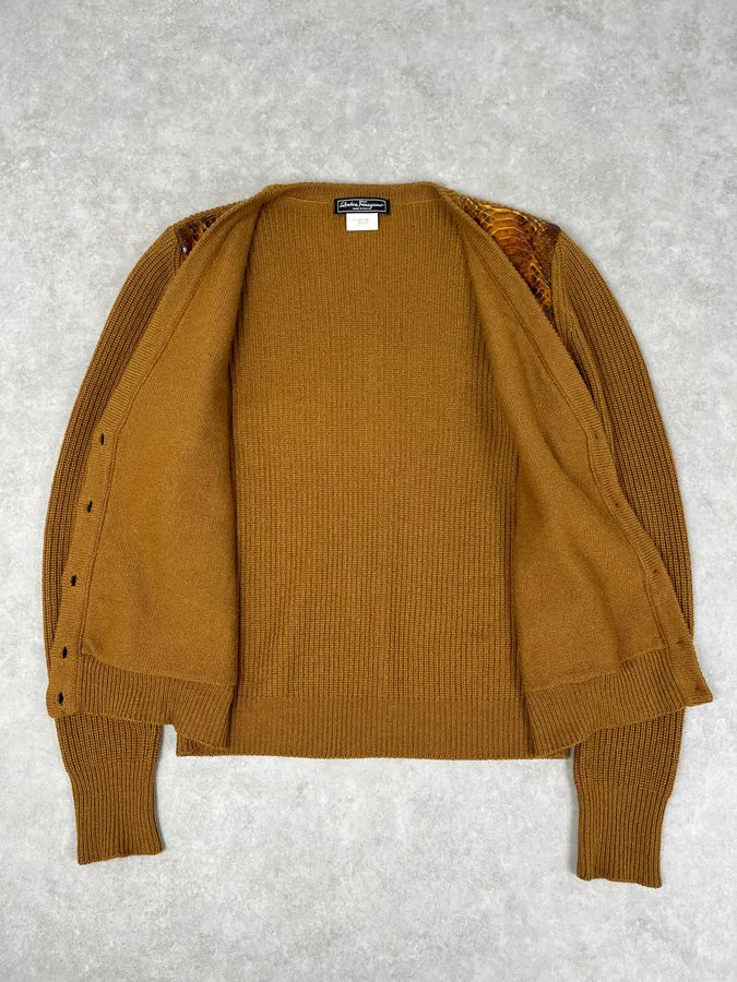 Salvatore Ferragamo Camel Cashmere Python Leather Cardigan Gxenwan 7