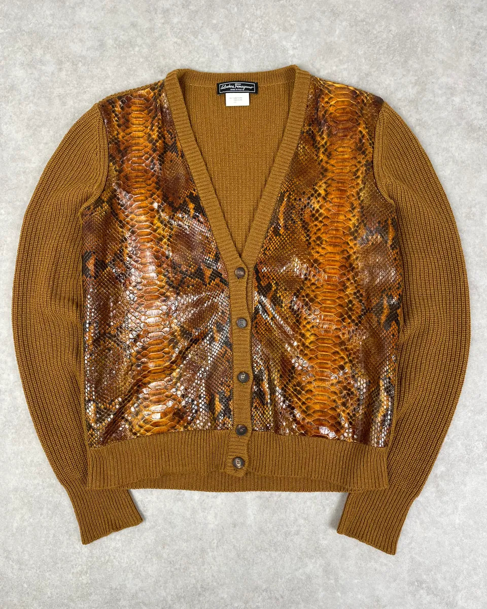Salvatore Ferragamo Camel Cashmere Python Leather Cardigan Gxenwan 0
