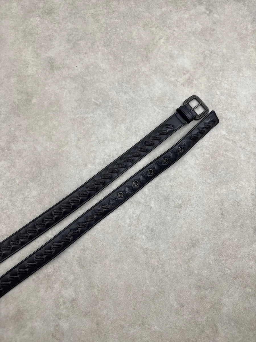 2000s Bottega Veneta Black Thib Leather Intrecciato Eyelet Belt sdMvVyQf 2