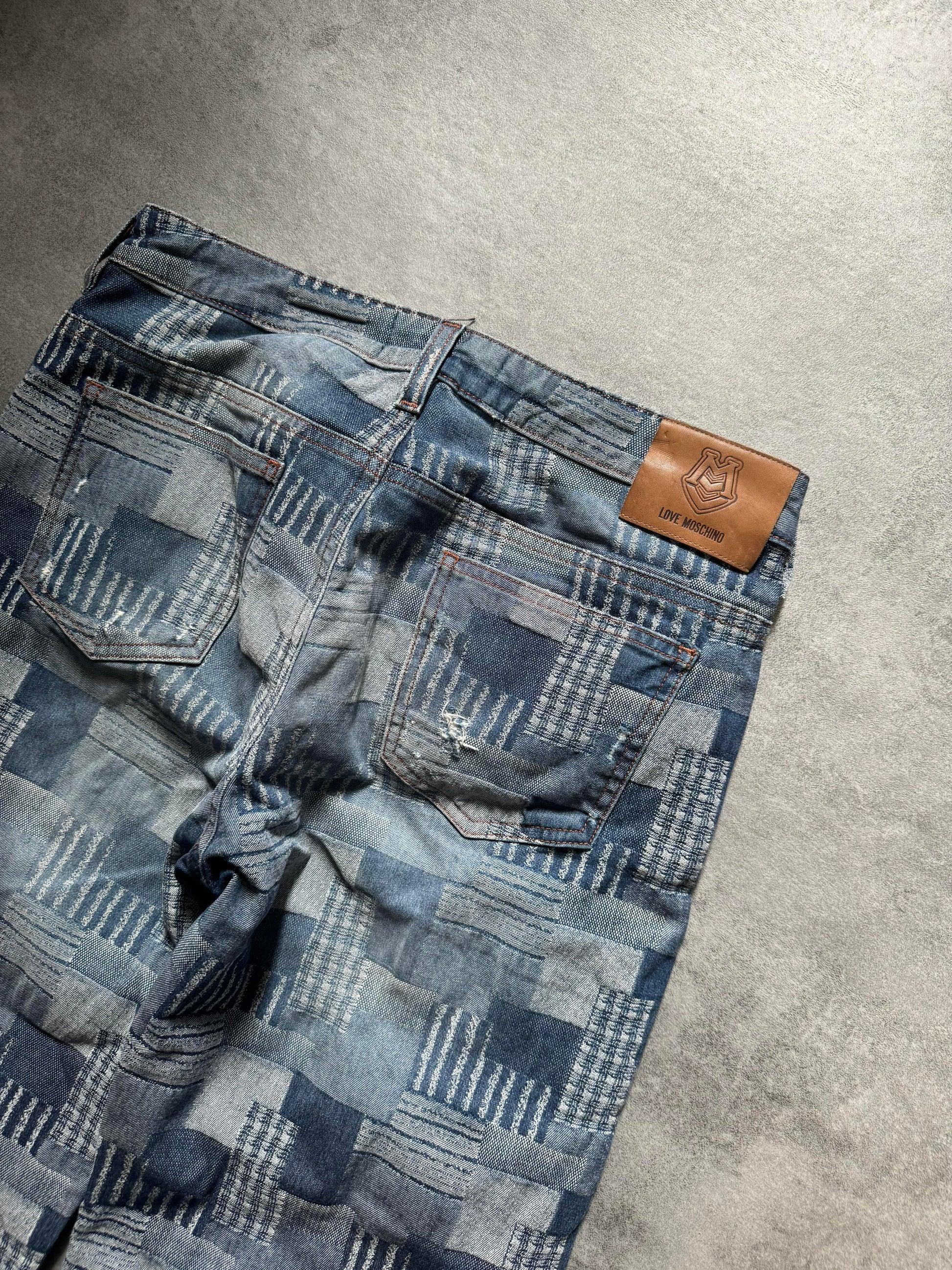 2000s Moschino Visual Patchwork Blue Straight Relaxed Pants (S) - 6