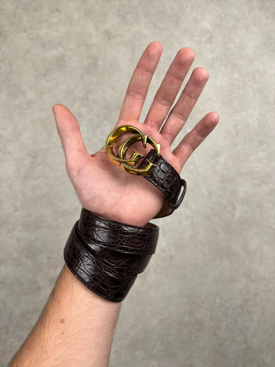 Gucci Brown Leather Crocodile GG Buckle Belt smmgSNPy 1