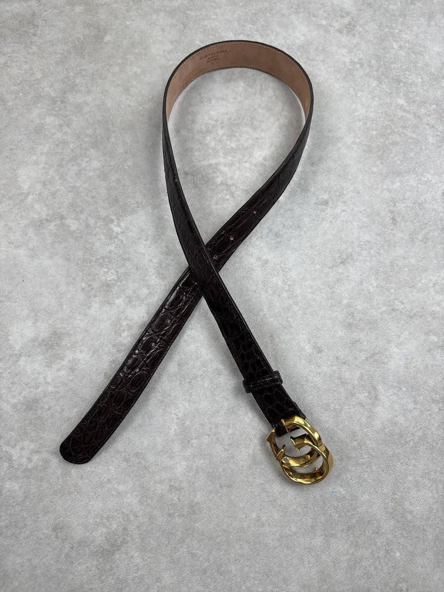 Gucci Brown Leather Crocodile GG Buckle Belt smmgSNPy 2