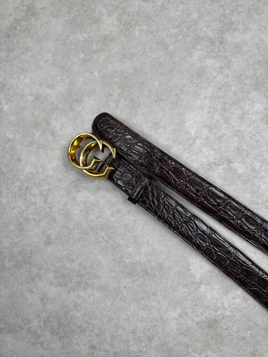 Gucci Brown Leather Crocodile GG Buckle Belt smmgSNPy 3