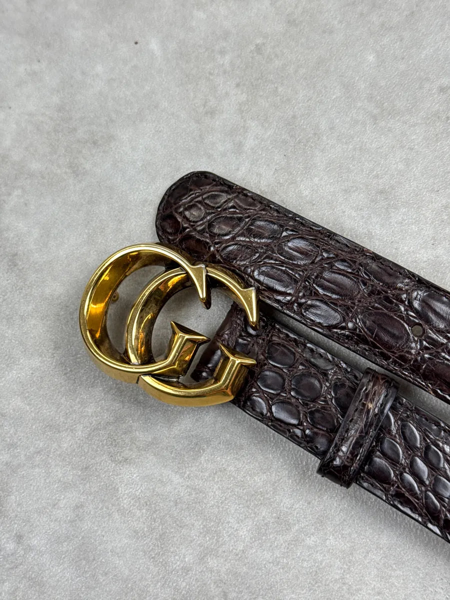 Gucci Brown Leather Crocodile GG Buckle Belt smmgSNPy 4
