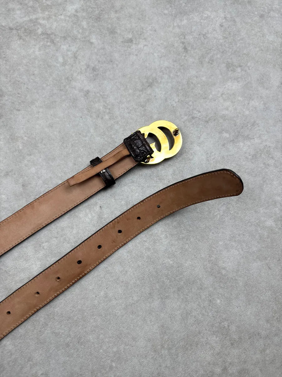 Gucci Brown Leather Crocodile GG Buckle Belt smmgSNPy 5