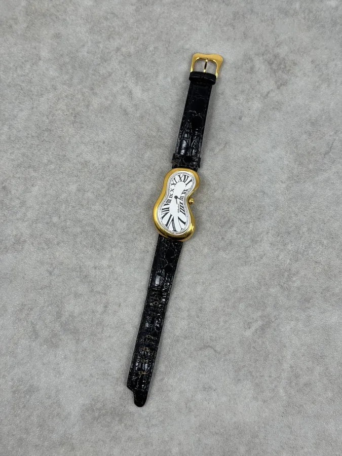 Softwatch Salvatore Dali Black Leather Melting Gold Dial Watch TPxVOyx 0