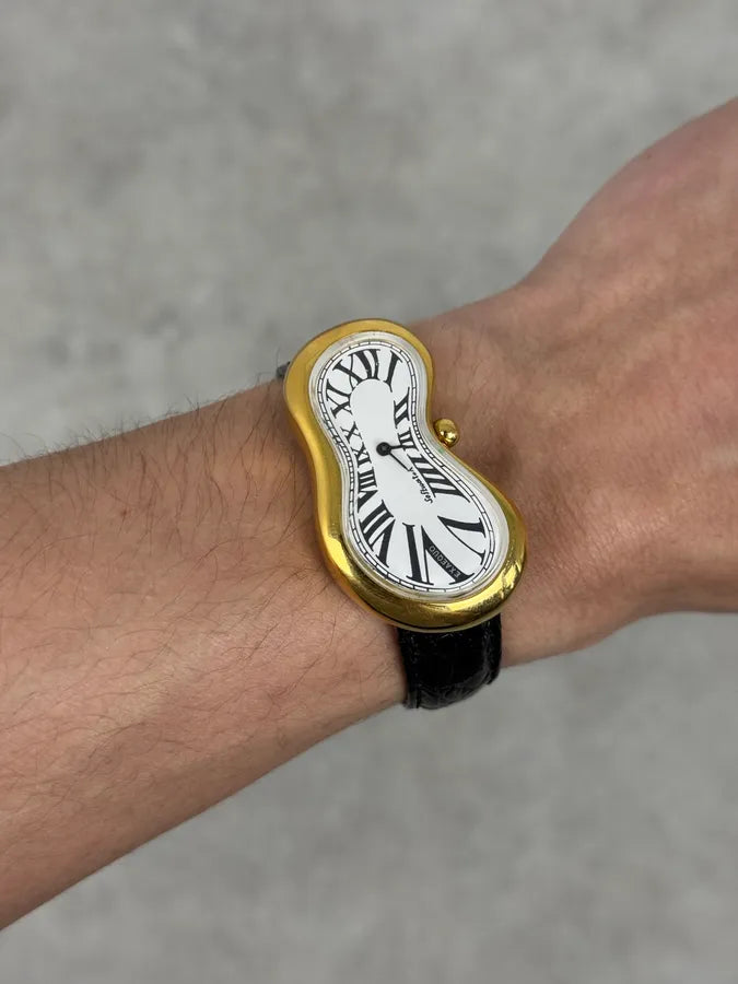 Softwatch Salvatore Dali Black Leather Melting Gold Dial Watch TPxVOyx 1