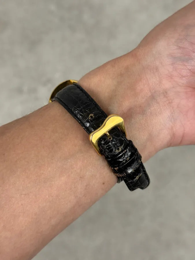 Softwatch Salvatore Dali Black Leather Melting Gold Dial Watch TPxVOyx 4