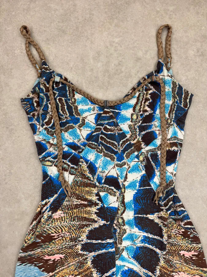 SS2004 Roberto Cavalli Blue Silk Feather Animal Print Midi Dress KFXwIqP 5