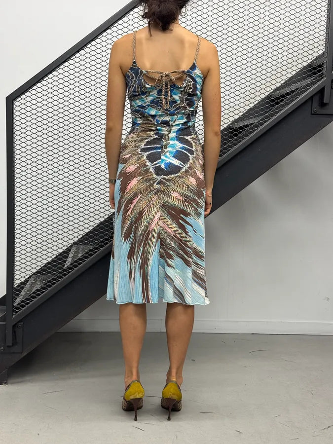 SS2004 Roberto Cavalli Blue Silk Feather Animal Print Midi Dress KFXwIqP 3