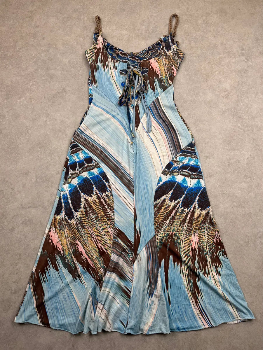 SS2004 Roberto Cavalli Blue Silk Feather Animal Print Midi Dress KFXwIqP 1