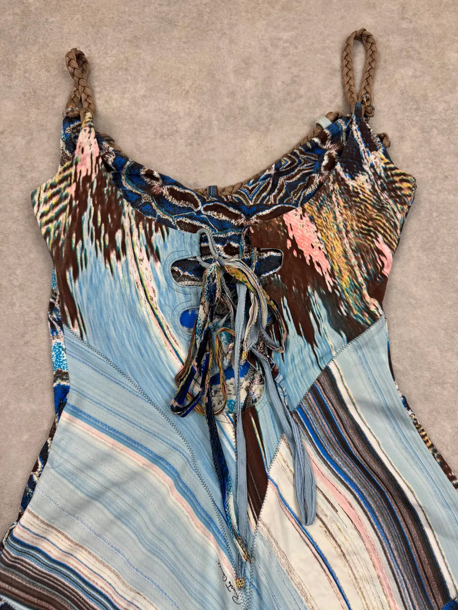 SS2004 Roberto Cavalli Blue Silk Feather Animal Print Midi Dress KFXwIqP 9
