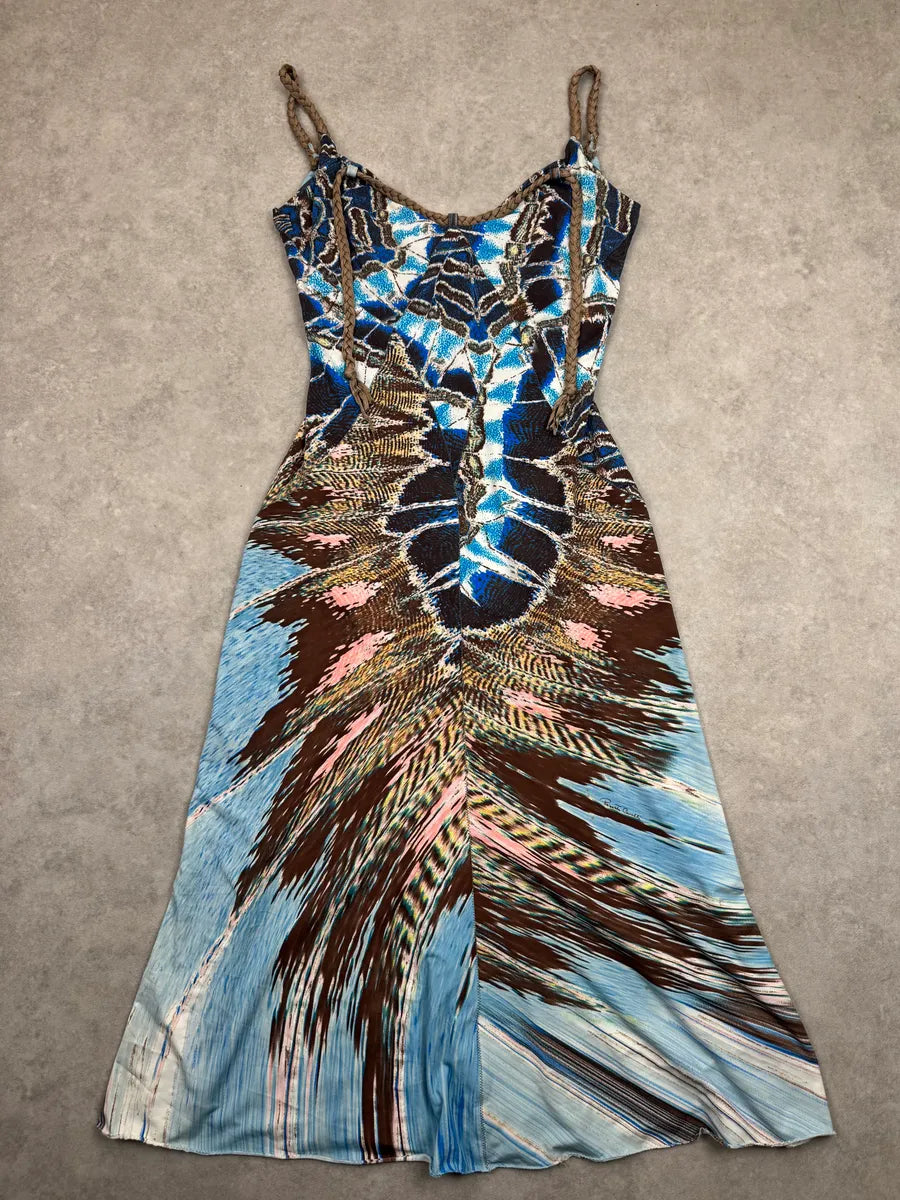 SS2004 Roberto Cavalli Blue Silk Feather Animal Print Midi Dress KFXwIqP 0